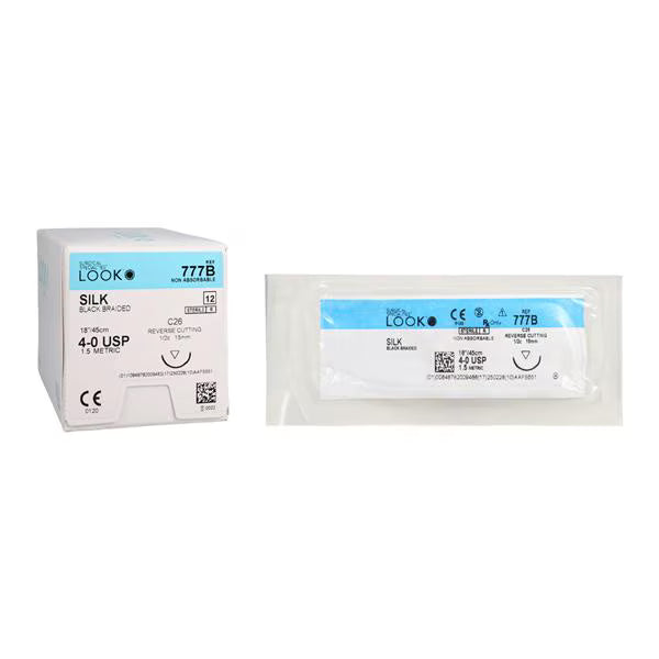 Look  Sutures, Silk Black Braided, 4-0, 18" Length, C6 Needle, 12/Box #777B