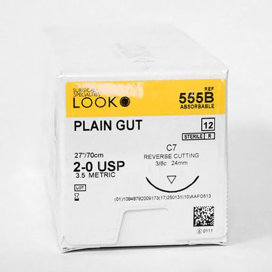 Look  Sutures, Plain Gut, 2-0, C7 Needle, 3/8" Circle, 555B, 12/Box